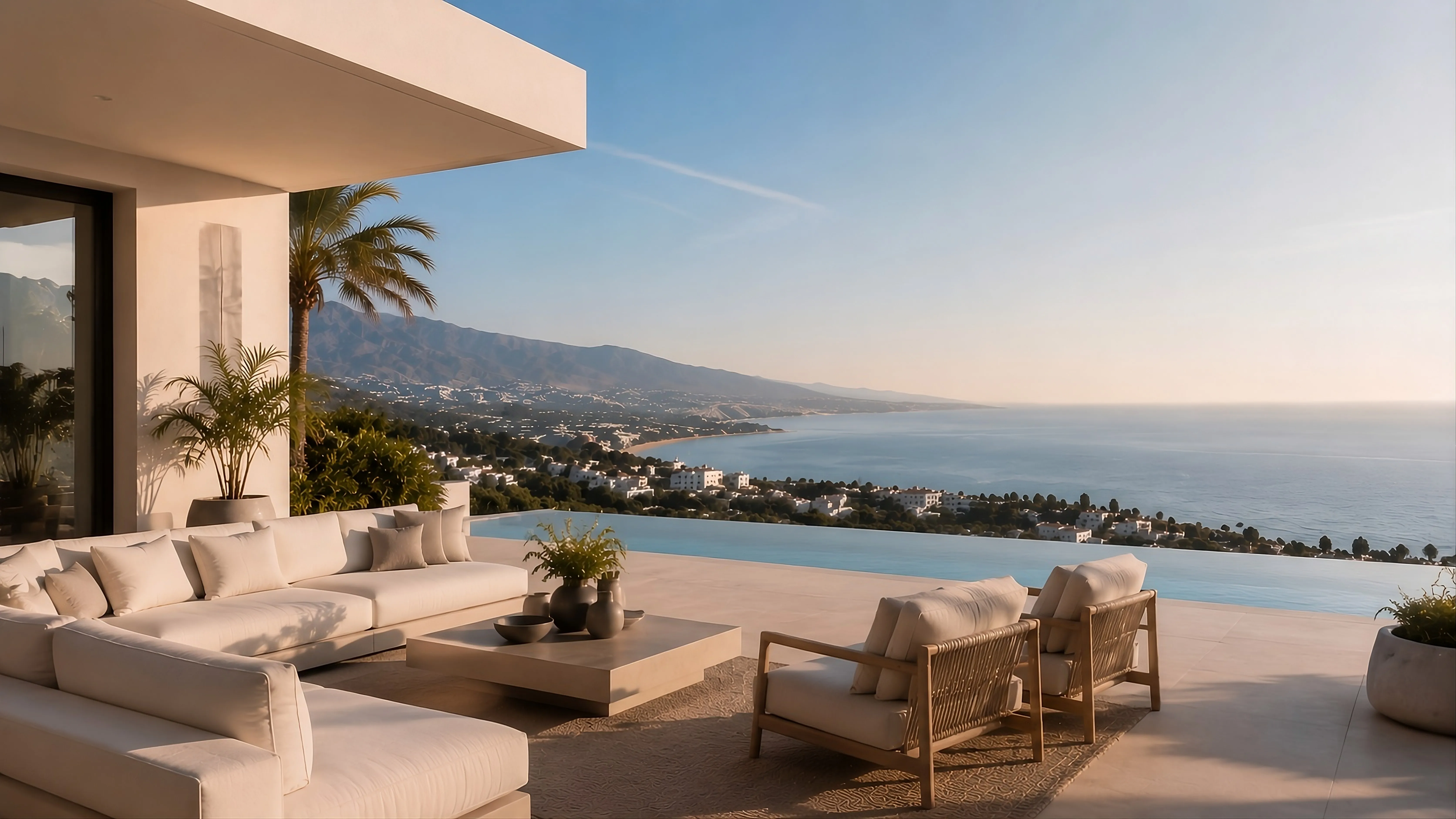 Luxury Mediterranean villa terrace at sunset